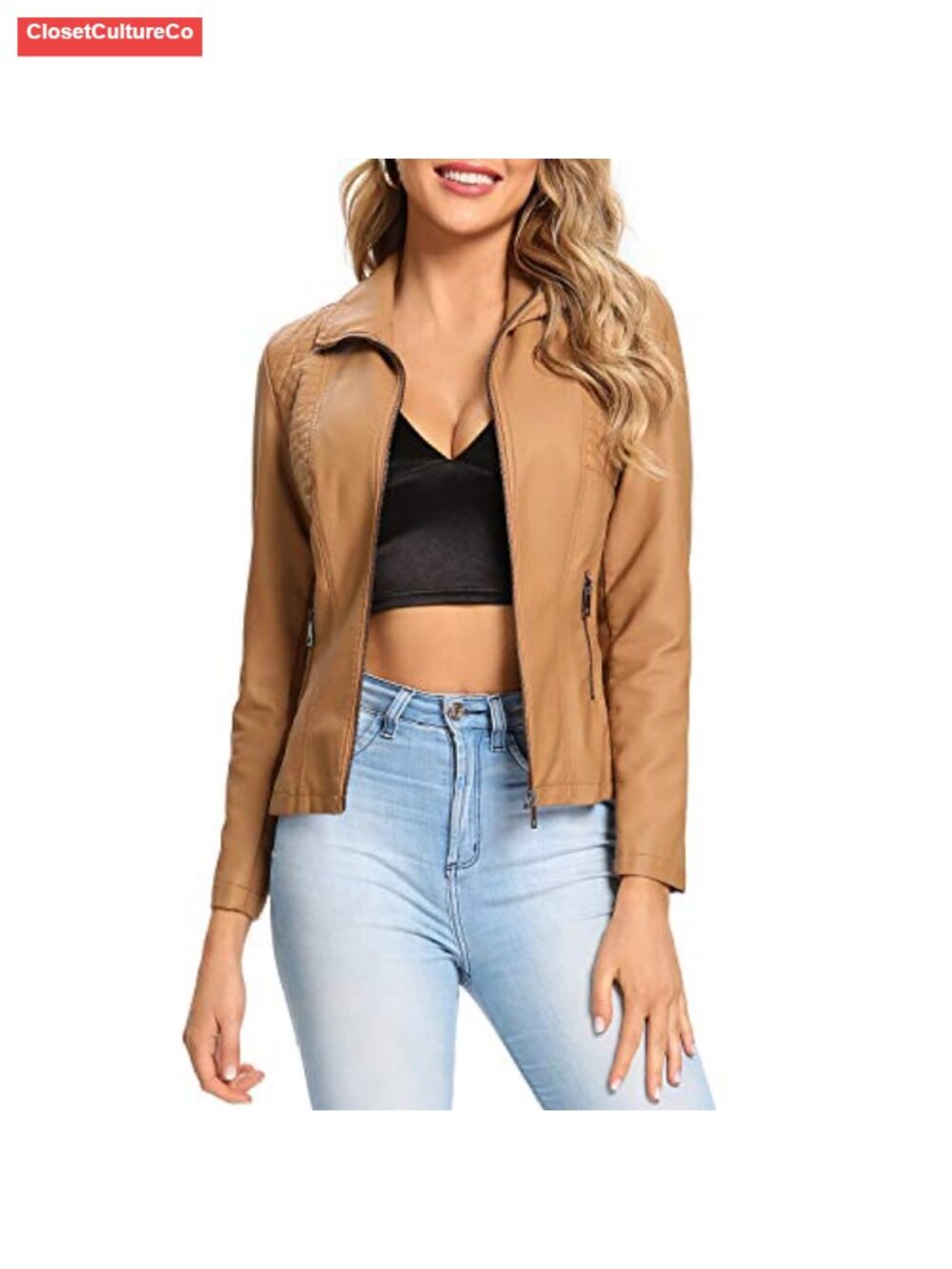 Women's Faux Leather Quilted Zip Up Aviator Jacket With Elastic Rib